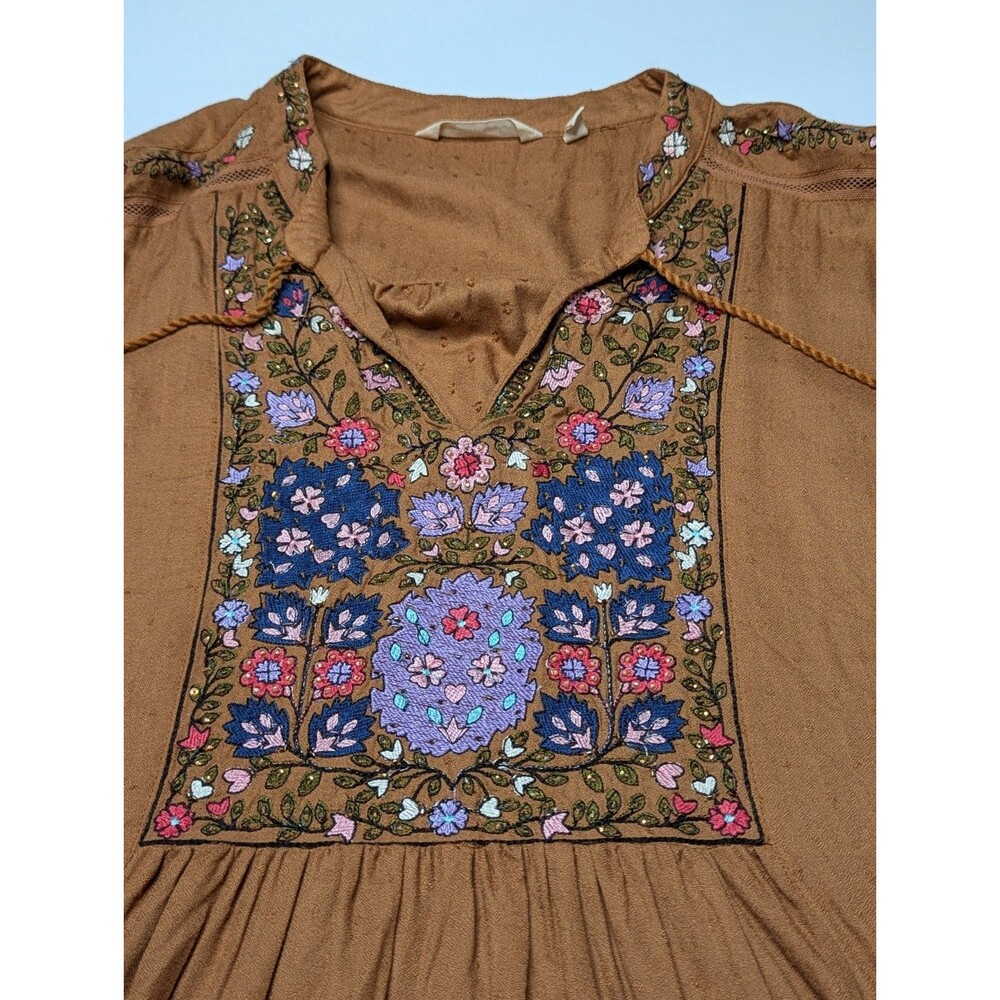 Soft Surroundings Womens Large Brown Embroidered Peasant Top Boho Chic - Picture 4 of 5